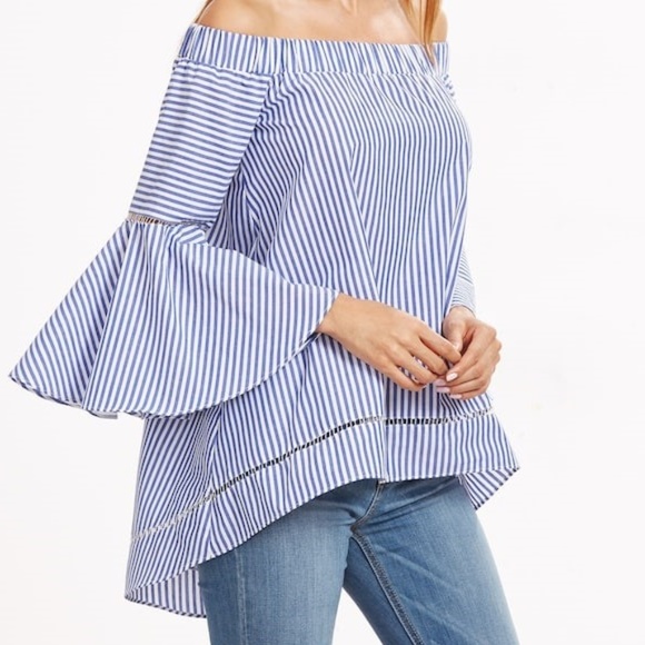 The Shepherd's Knot Tops - New Hi Low Blue White Stripe Bell Sleeve Top M L